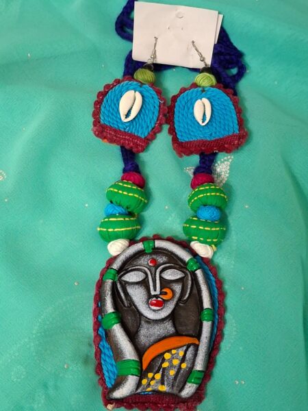 Traditional Fabric Neckpiece with Handmade Clay Made Pendant with Fabric Earring