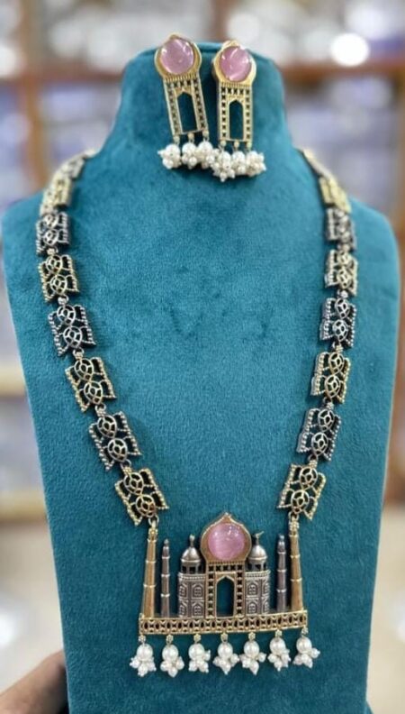 Heavy Long Dual Tone Necklace Focused on Unique Tajmahal Pendant