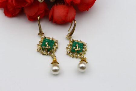 Drop-Style Large, Ornate Green Stone Top and a Pearl Drop Set