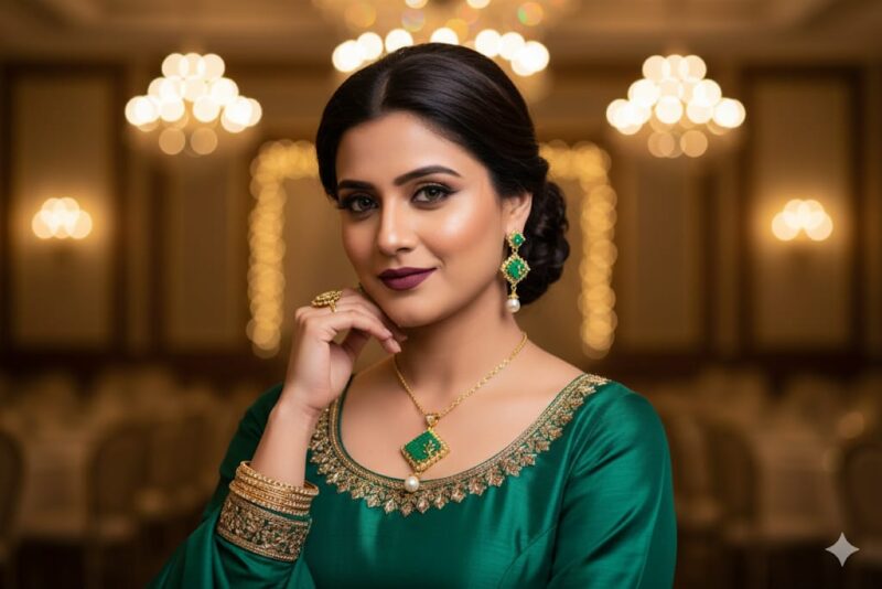 Drop-Style Large, Ornate Green Stone Top and a Pearl Drop Set - Image 2