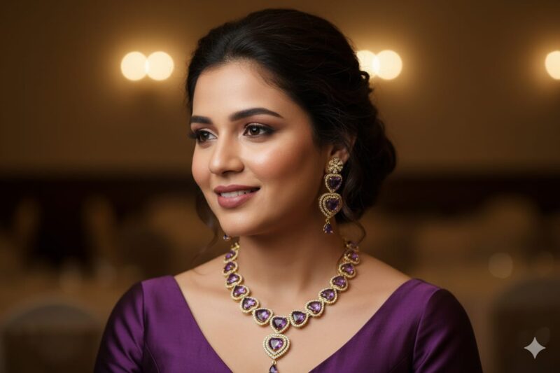 Gold-Toned Jewelry Set with Purple Heart-Shaped Stones - Image 2